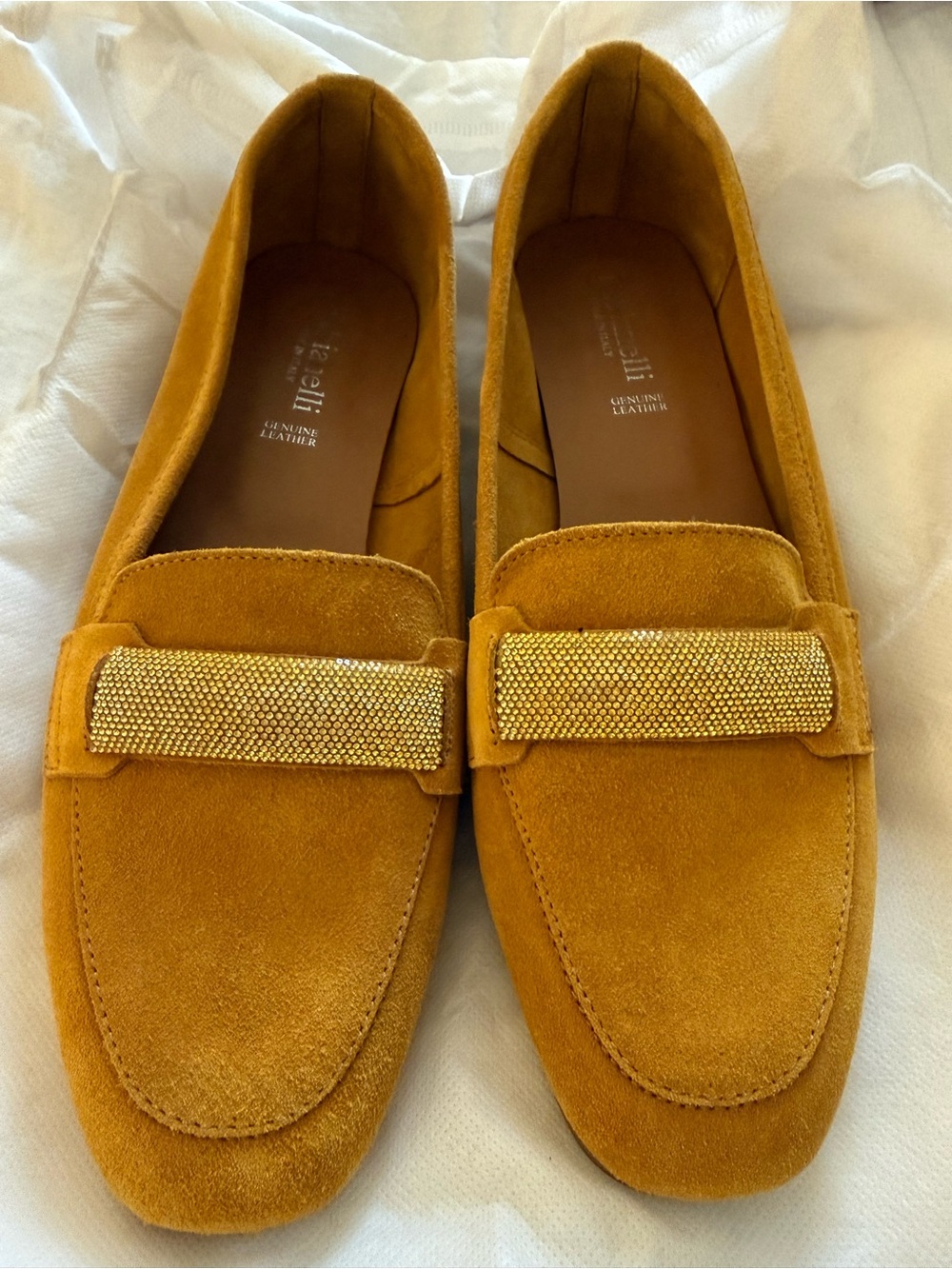 Suede Mustard Loafers with Gold Accent - Women Shoes